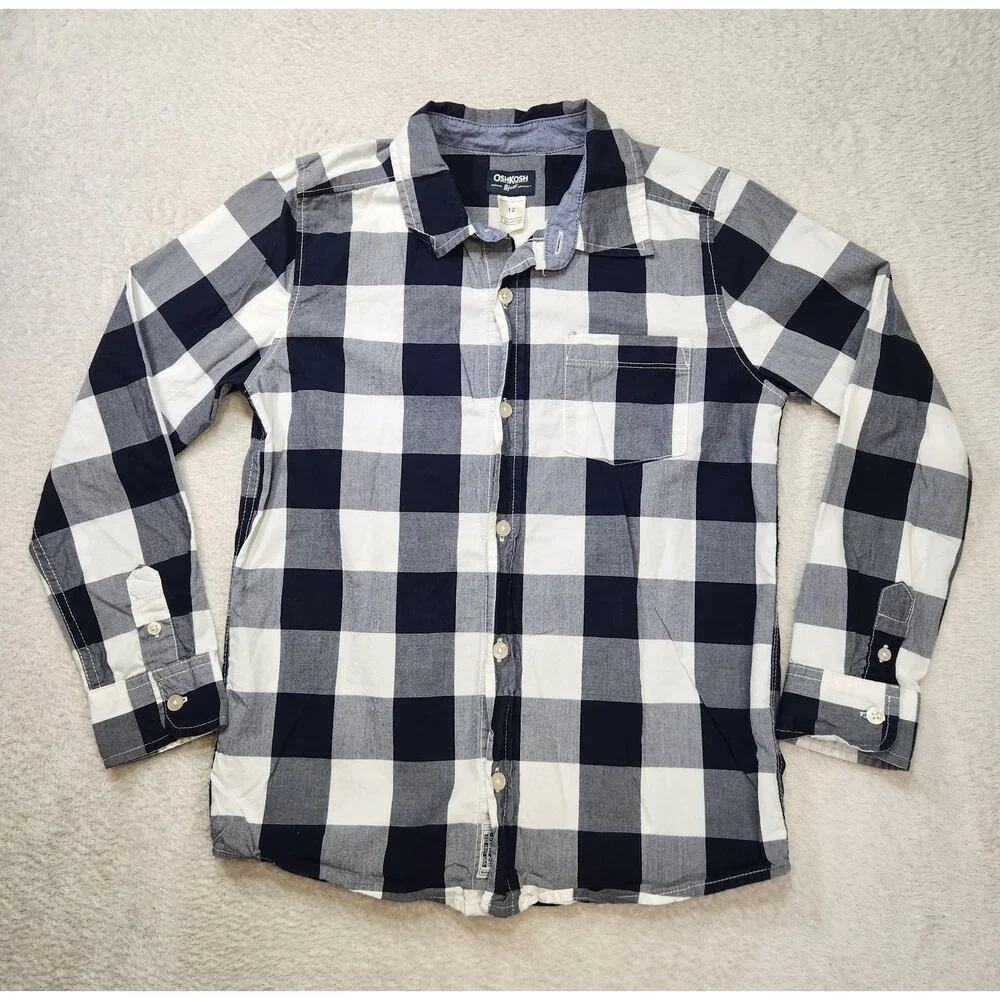 OshKosh Boys 12 Plaid Button-Up Shirt Cotton Chest Pocket